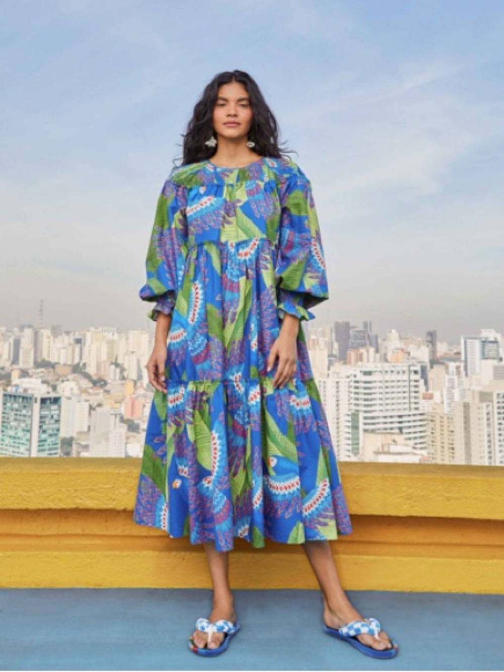FARM RIO Blue Macaw Long Sleeve Midi Dress